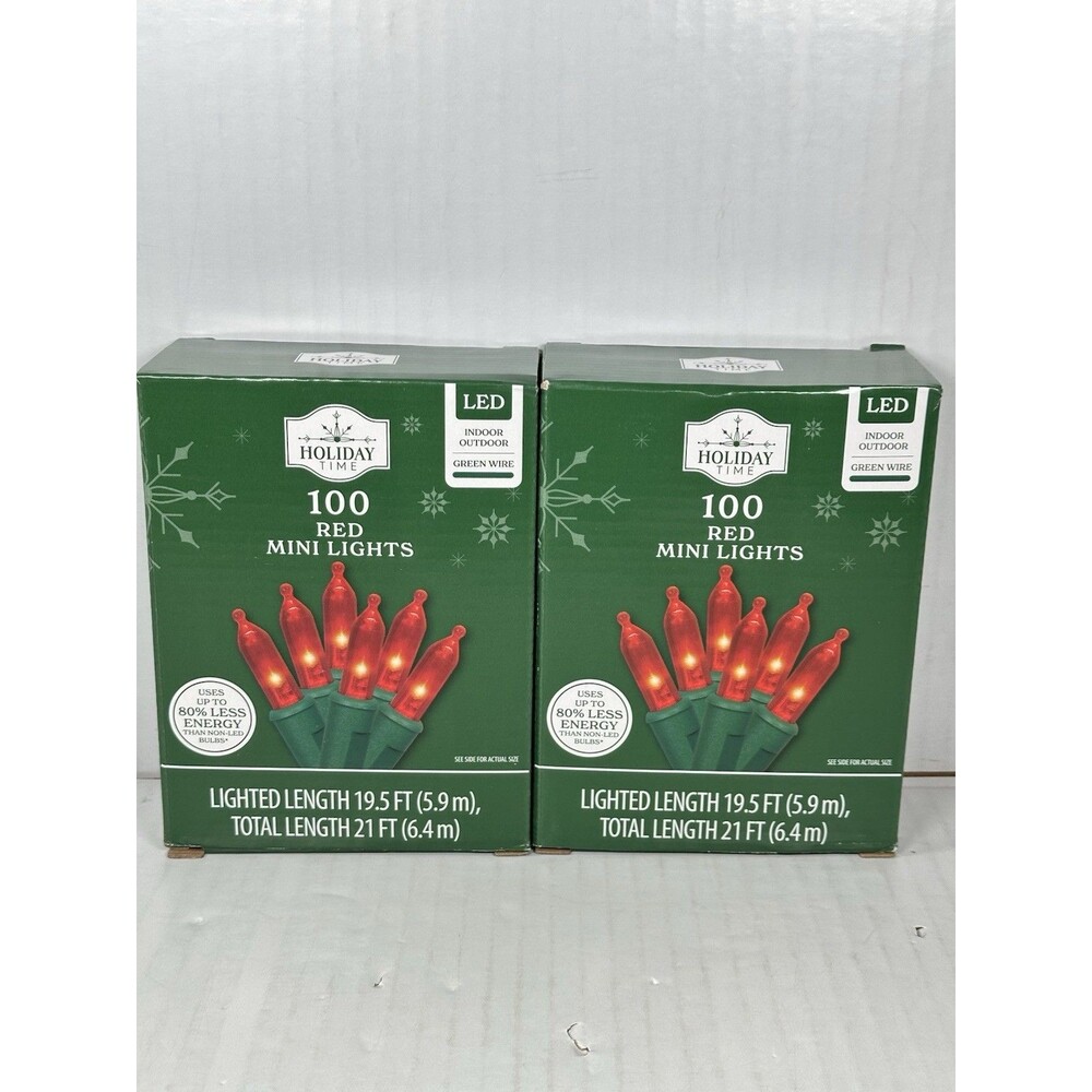 Lot Of 2 Holiday Time 100 Red Mini LED Christmas Lights Strand Green Wire NEW